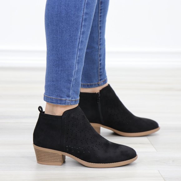 Black Suede Ankle Boots Laser Cut Design - Picture 8 of 12
